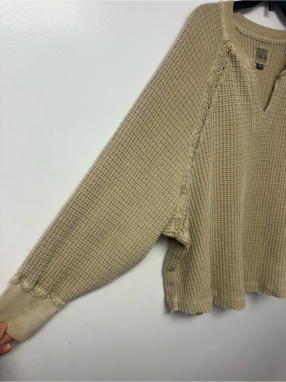 American Eagle Seriously Lived In Waffle Knit Pullover Top Beige Medium Boho C2 - Picture 5 of 12